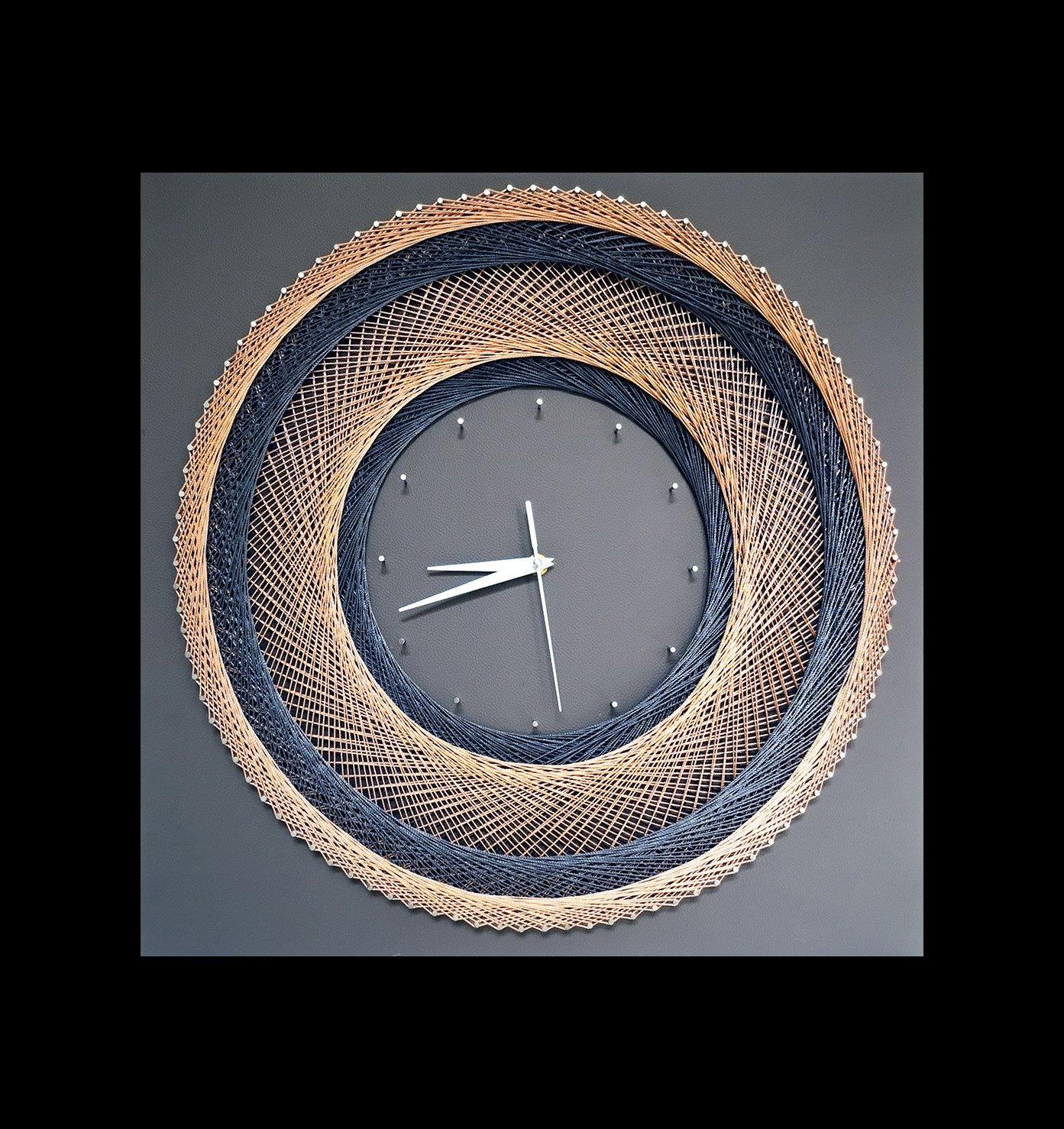 Square String Art Wall Clock With Grey Leather Background, Silent Clock, Fawn and Dubai Grey Strings