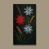 String Art Flower With Reeds: Black Leather Background, Red, Green, Grey and Khaki Strings