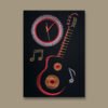 String Art Guitar Wall Clock: Black Leather Background, Silent Clock, Red, Khaki and Grey Strings